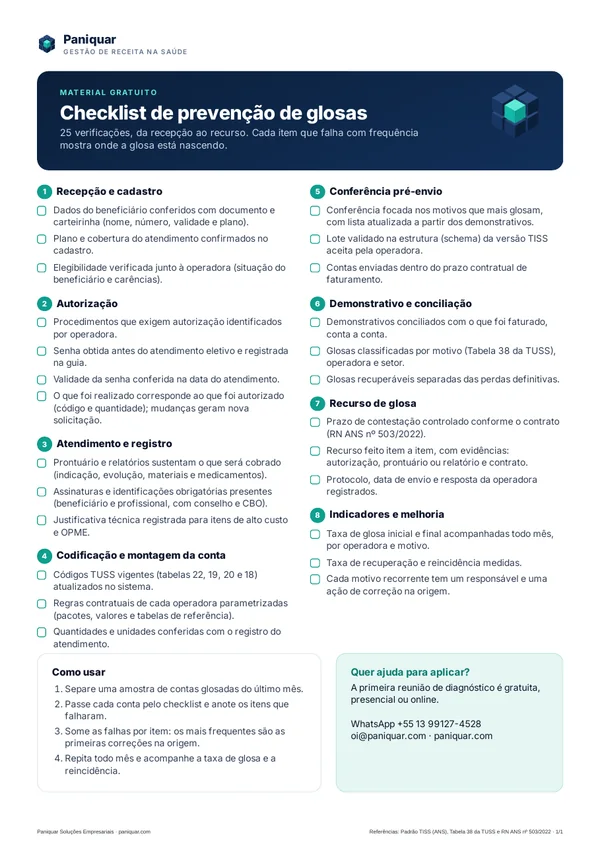 Capa do PDF Checklist de prevenção de glosas da Paniquar